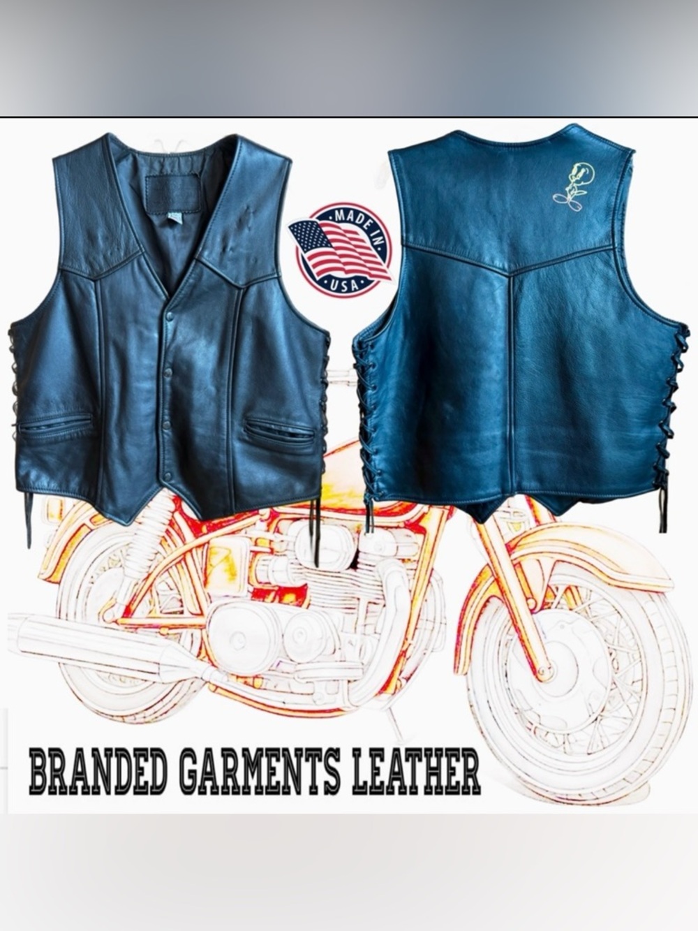 Black Leather Motorcycle Vest with Lace-Up Sides (46) - Picture 1 of 17